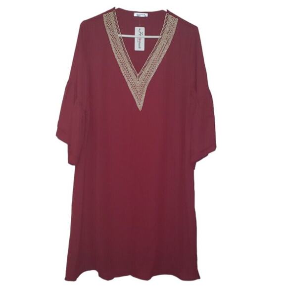 HoTouch Burgandy Dress Womens Size L Swing Style Boho Midi Trapeze - Picture 1 of 6